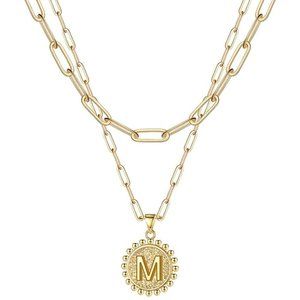 "M" Gold Initial Necklace for Women Girls, 14K Gold Plated